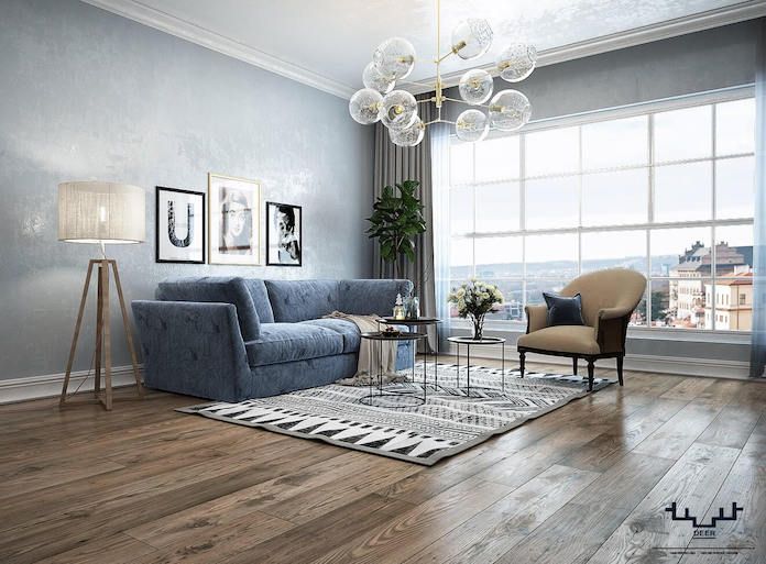 Grey and blue Scandinavian iving room