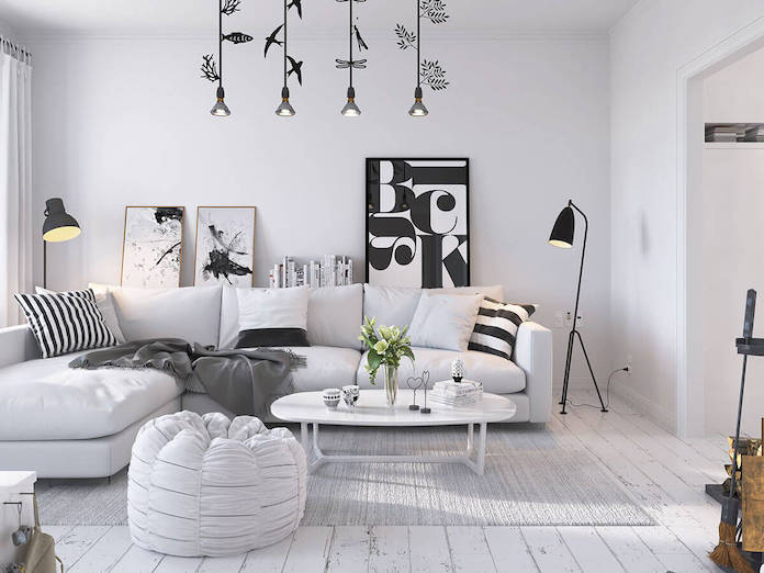 scandinavian bright monochrome living room