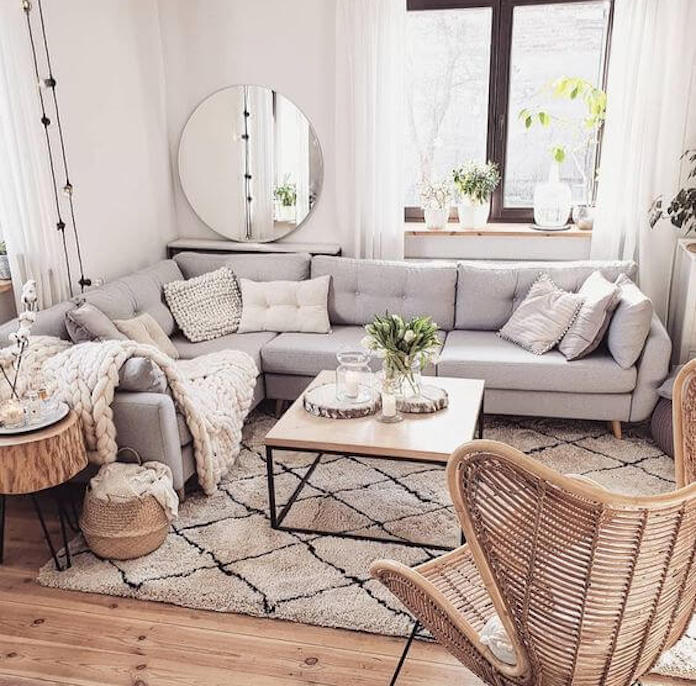 scandinavian living room with mirror